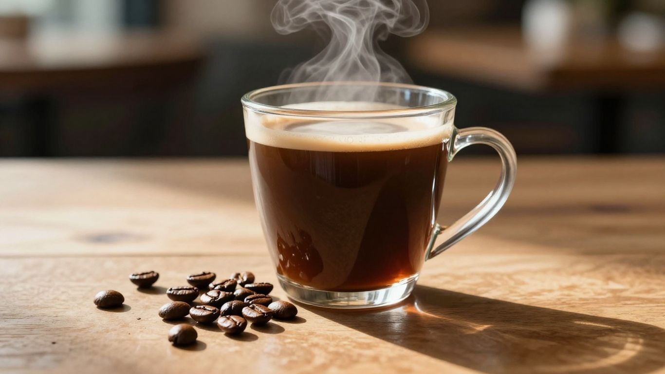 Steaming coffee mug with scattered beans on a table.